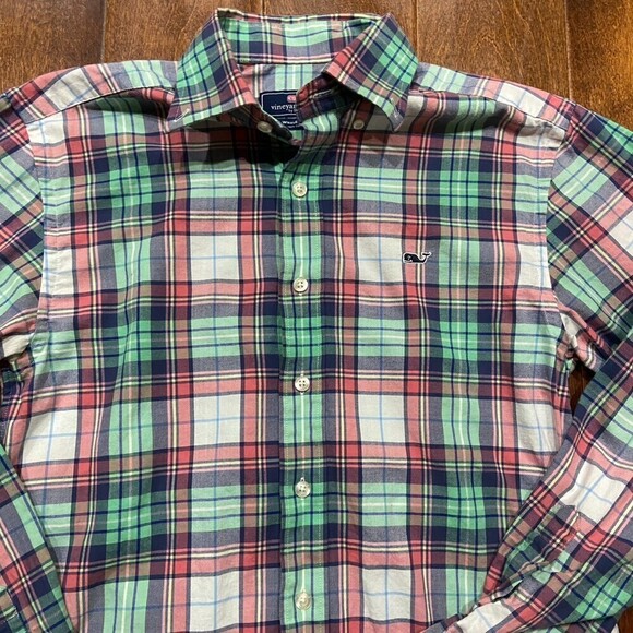Vineyard Vines Whale Button Down Plaid Green Pink Shirt Cotton Men's Size XS - Picture 2 of 9